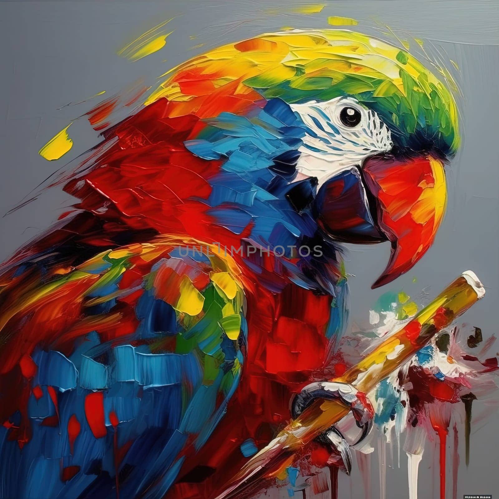This painting showcases a beautiful and colorful parrot perched on a branch against a vibrant and colorful background. The image is generated with the use of an AI.