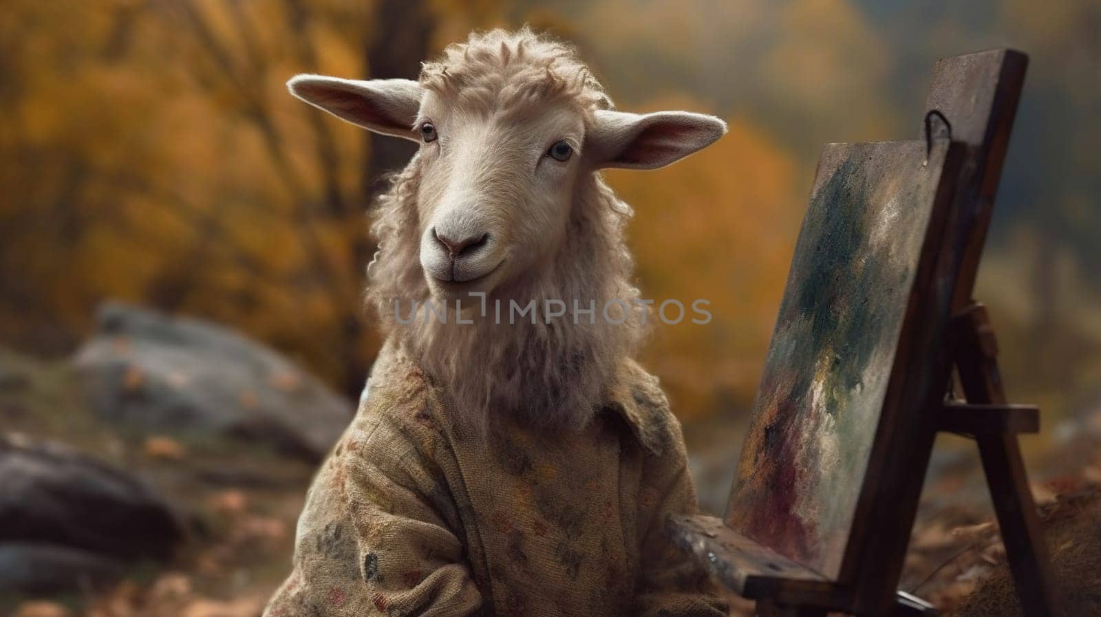 This painting features an adorable sheep holding a paintbrush, ready to create a masterpiece. The background is filled with vibrant colors and textures, adding to the whimsy of the piece. The image is generated with the use of an AI.