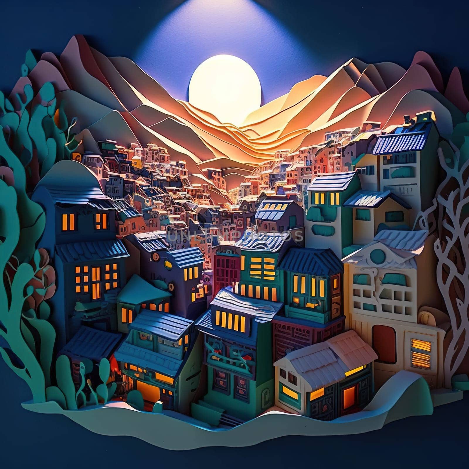 A colorful and detailed paper city built in the mountains, with paper houses, paper trees, and paper people. The image is generated with the use of an AI.