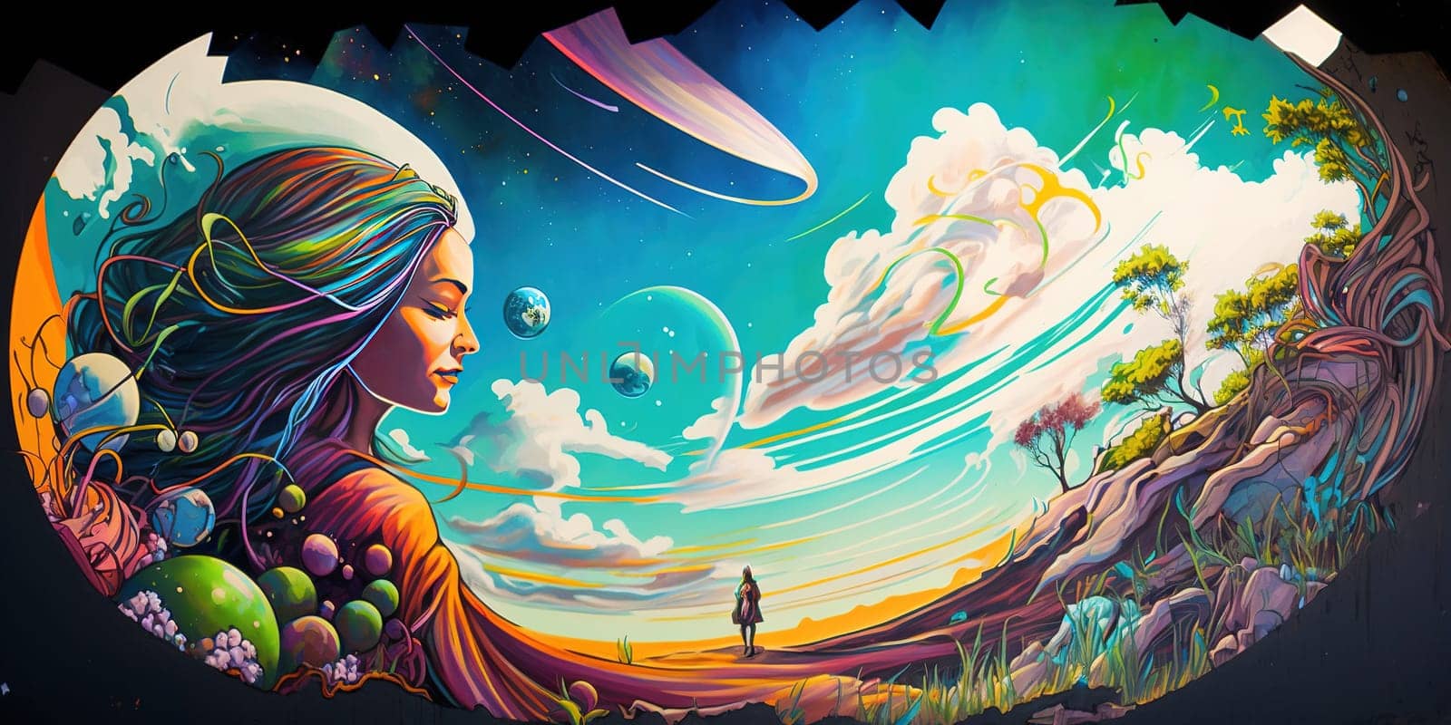 The painting depicts a girl sitting on a bench, eagerly waiting for her loved one to return from a hike. The image captures the anticipation, hope, and love that fills her heart. The image is generated with the use of an AI.