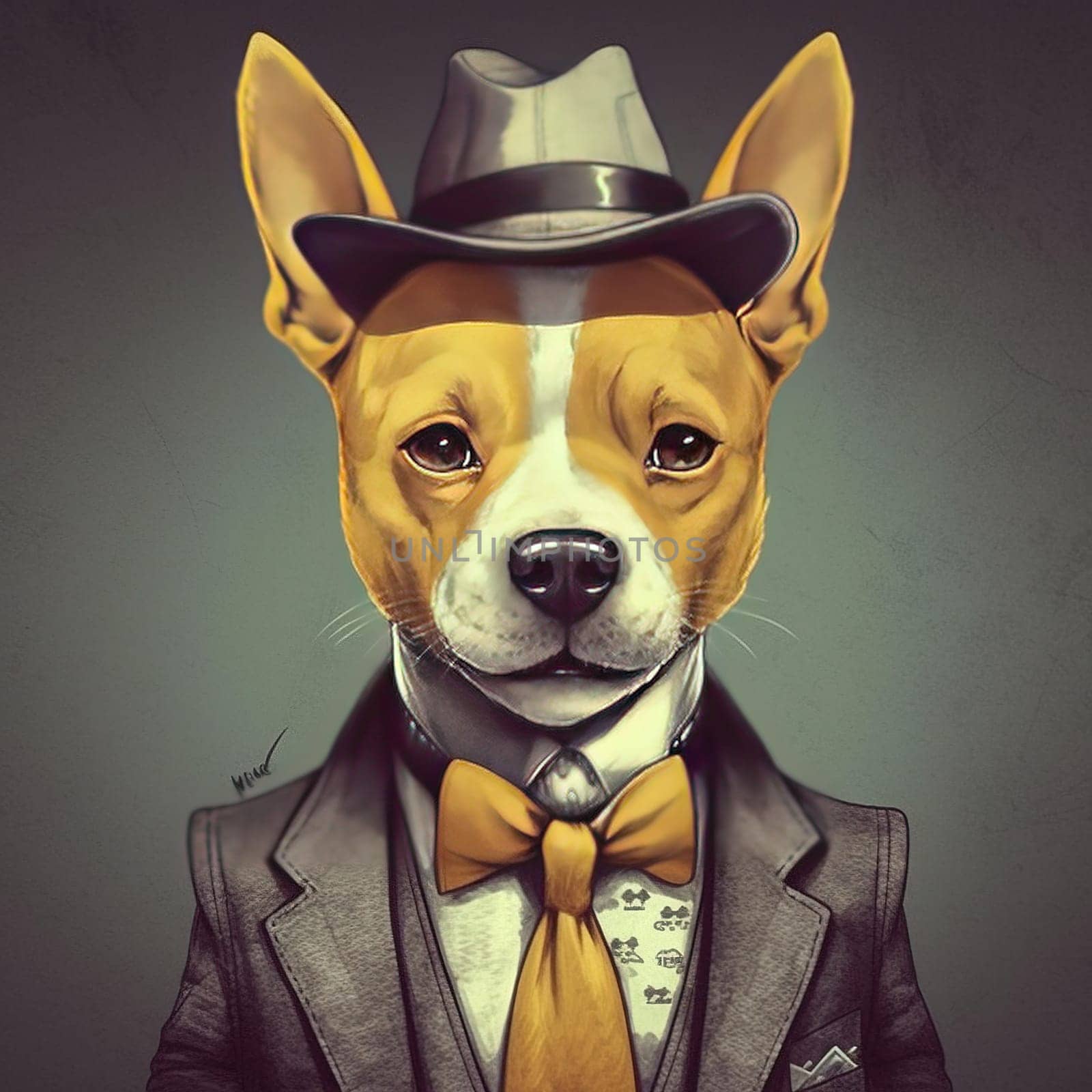 A whimsical painting of a red dog dressed in a hat and suit, standing upright and looking out. The image is generated with the use of an AI.