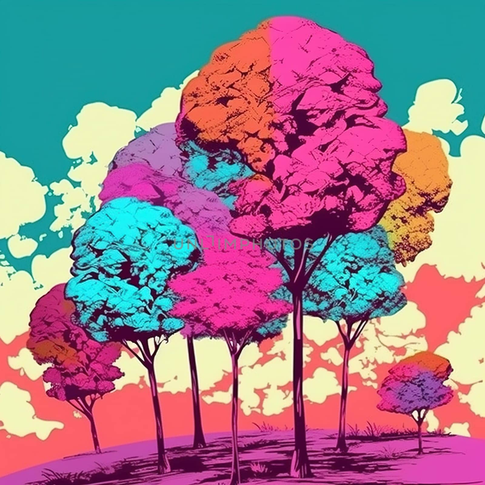 This vibrant digital painting depicts whimsical candy trees in a surreal landscape. The trees are adorned with colorful candies, and the sky is a pastel rainbow. It's a perfect addition to any room for those who love the sweet and surreal. The image is generated with the use of an AI.