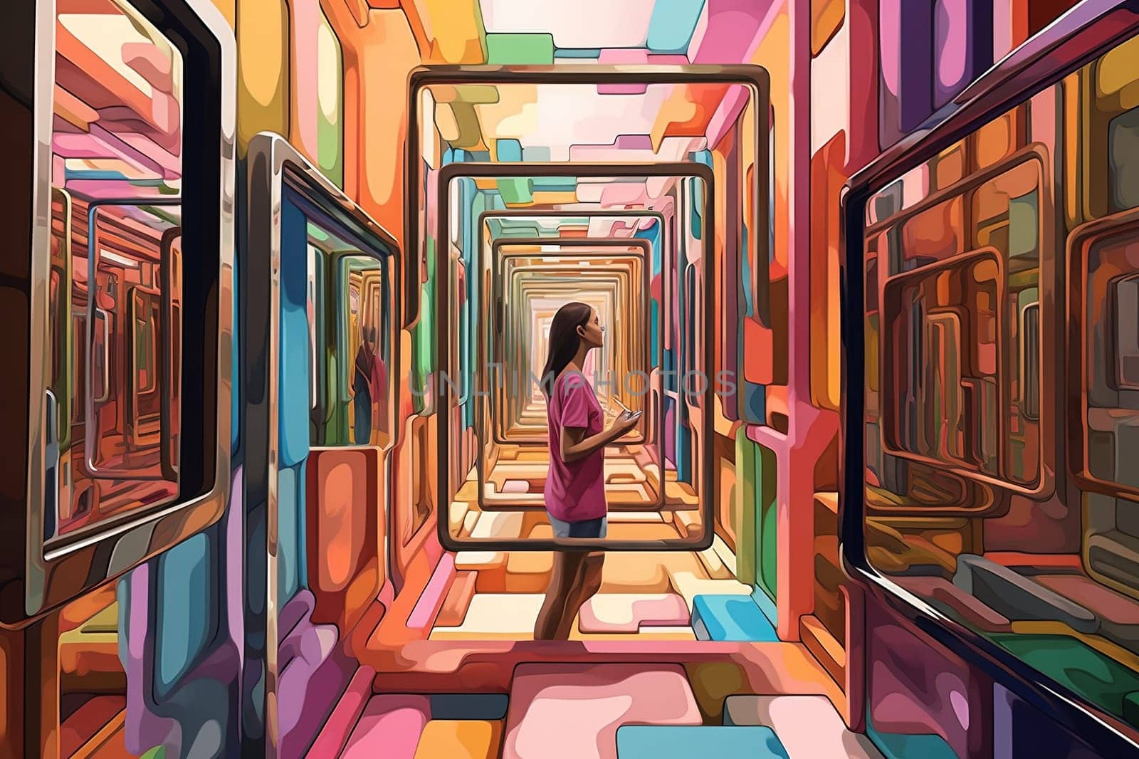 The painting shows a young girl standing in front of a mirror, and the reflection in the mirror shows an abstract world. The image is a creation of AI.