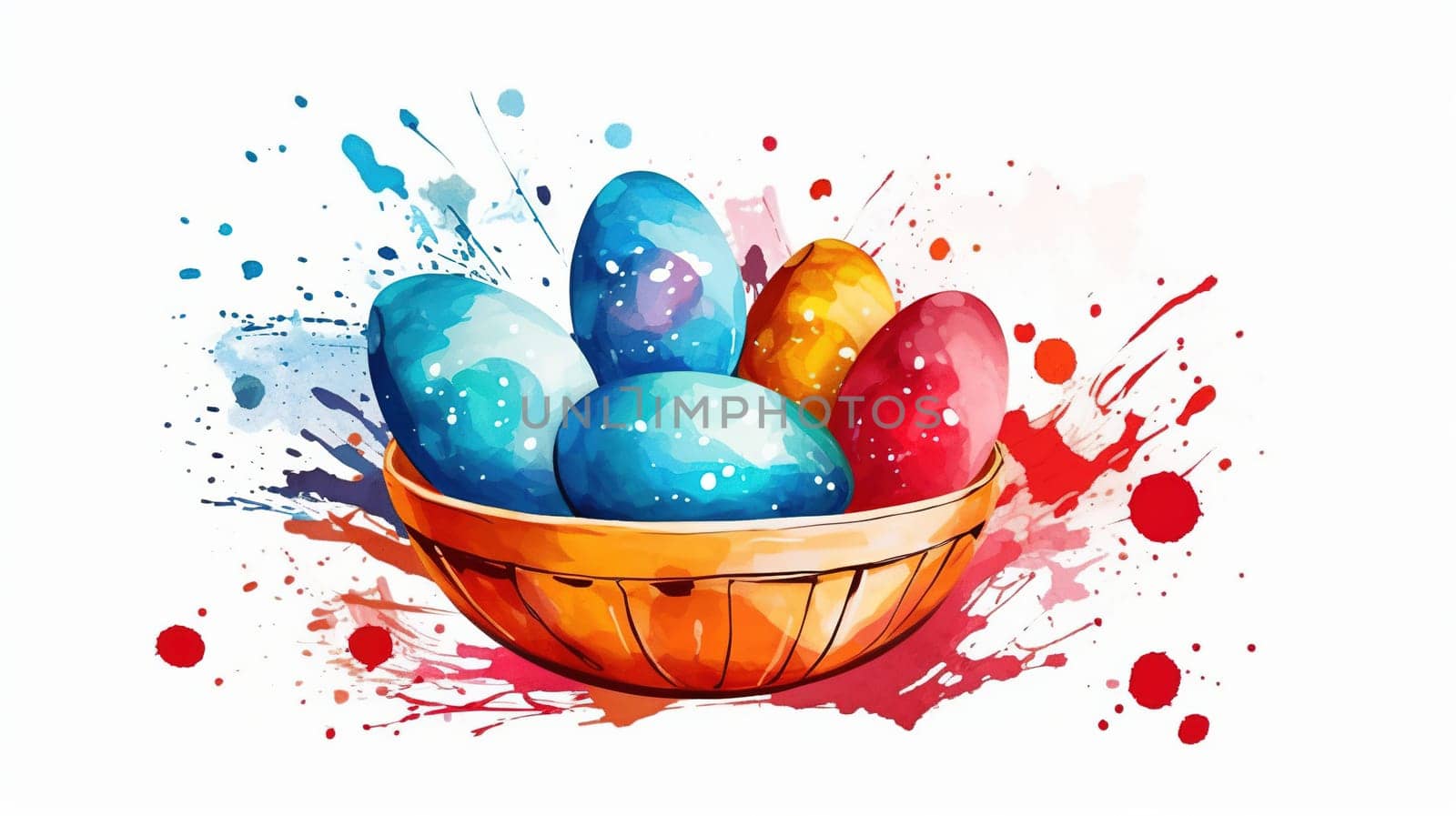This is a beautiful watercolor painting of colorful Easter eggs arranged in a basket. The intricate designs on the eggs are sure to catch the eye and bring a festive touch to any room. The image is generated with the use of an AI.
