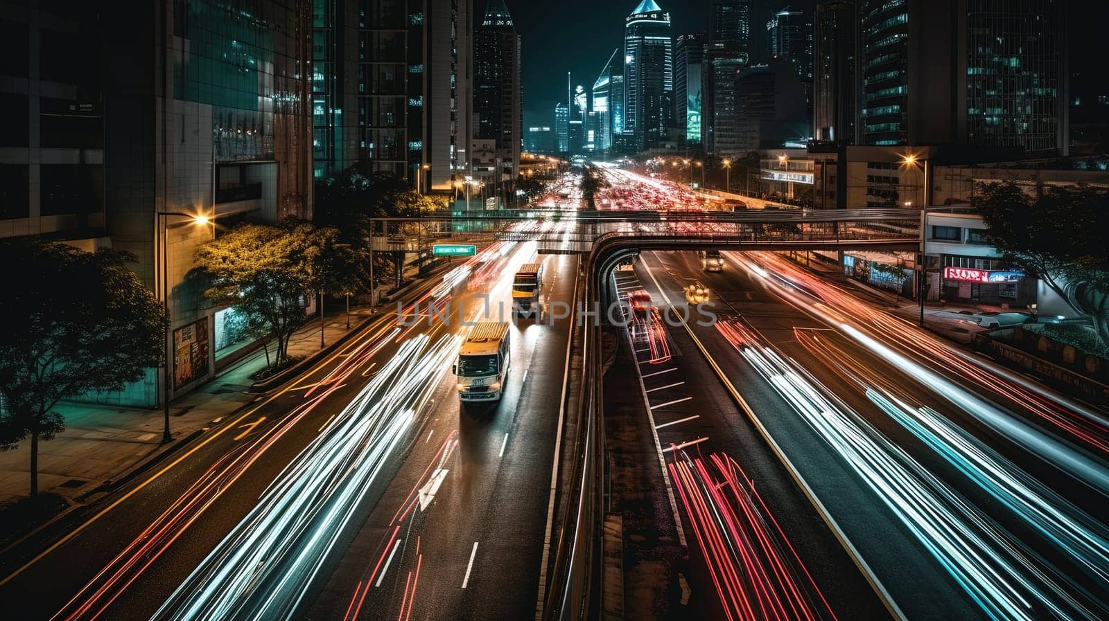This stunning poster print captures the vibrant energy of a bustling city at night, featuring a colorful array of transportation options, from cars to buses and trains. The striking contrast of the bright lights against the dark night sky creates a captivating visual display that is sure to grab attention. The image is generated with the use of an AI.