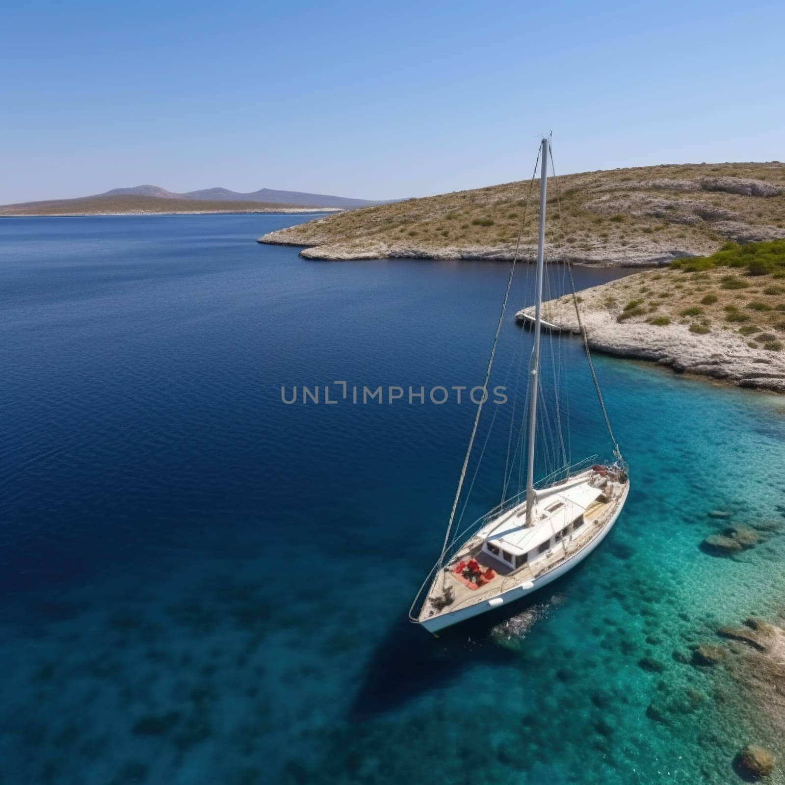 A stunning aerial view of a luxurious yacht docked in a picturesque bay, surrounded by crystal clear water and lush greenery. The image captures the beauty and tranquility of a perfect summer day on the water. The image is generated with the use of an AI.