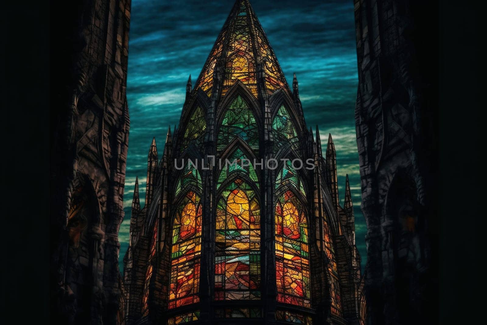 This digital artwork features a peaceful temple adorned with vibrant frescoes on the walls. The intricate details and stunning colors of the frescoes are sure to catch the eye and transport the viewer to a place of tranquility. The image is generated with the use of an AI.
