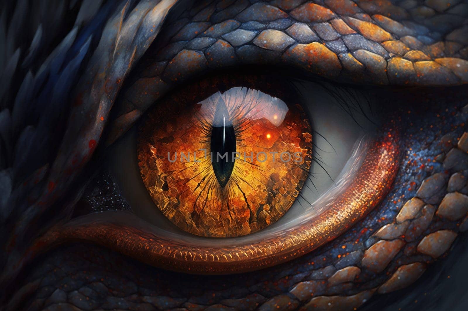 This painting depicts the stunning eye of a dragon, with intricate details and vibrant colors that draw you in. The image is generated with the use of an AI.
