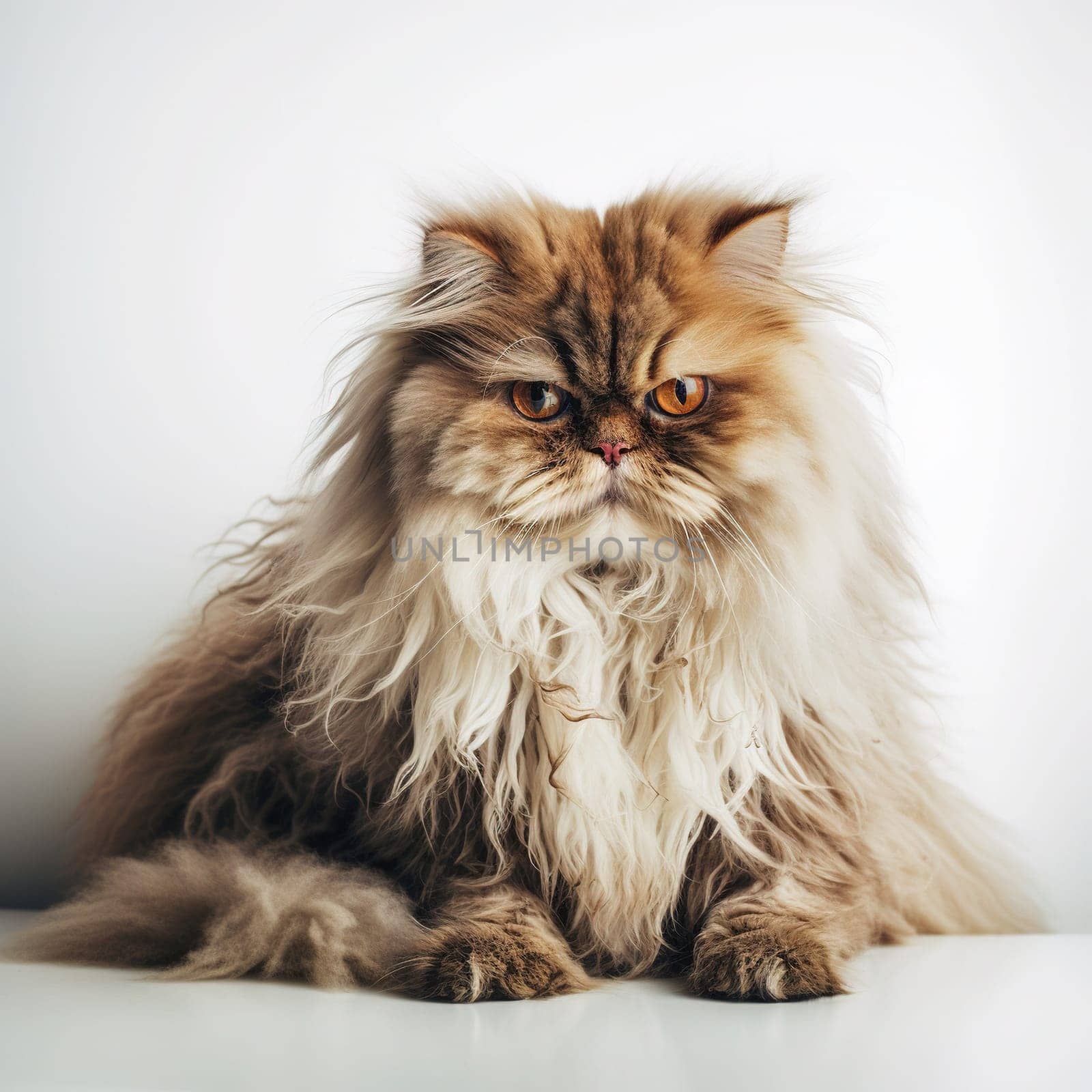 This image depicts a cute and cuddly fluffy cat. The details and textures of the fur are beautifully rendered, making the cat look almost lifelike. The image is generated with the use of an AI.