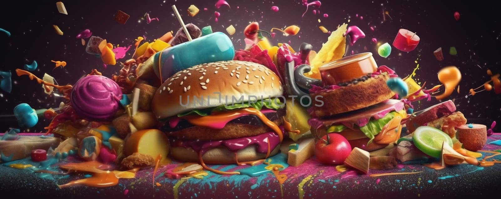 This bold and colorful painting depicts the dangers of junk food addiction, with vivid imagery and intricate details that demand attention. A warning and a wake-up call, this piece is perfect for those looking to make a change. The image is generated with the use of an AI.