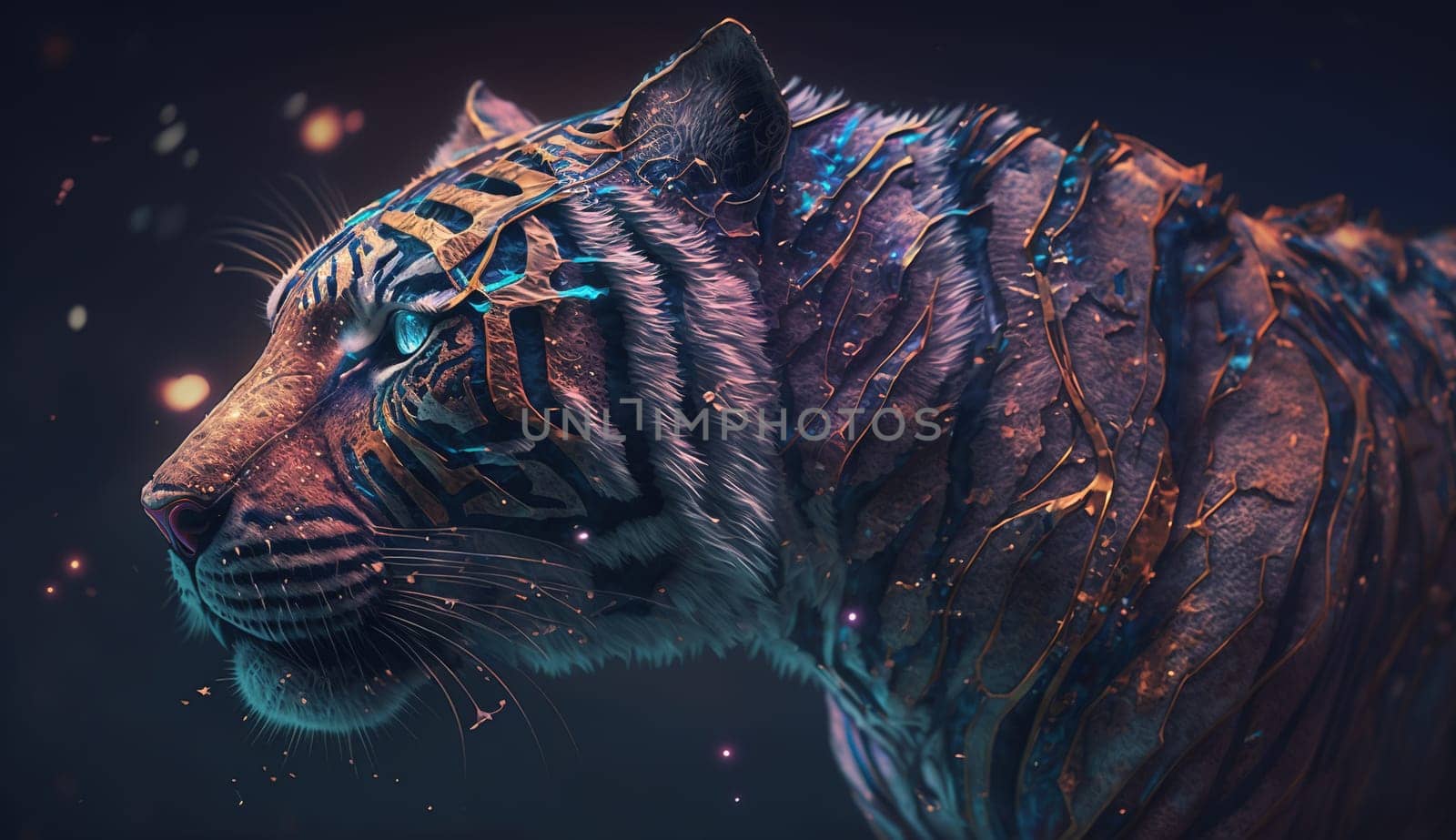 This stunning portrait captures the raw power and beauty of a colorful tiger. With vibrant hues and intricate details, it's sure to make a bold statement on any wall. The image is generated with the use of an AI.