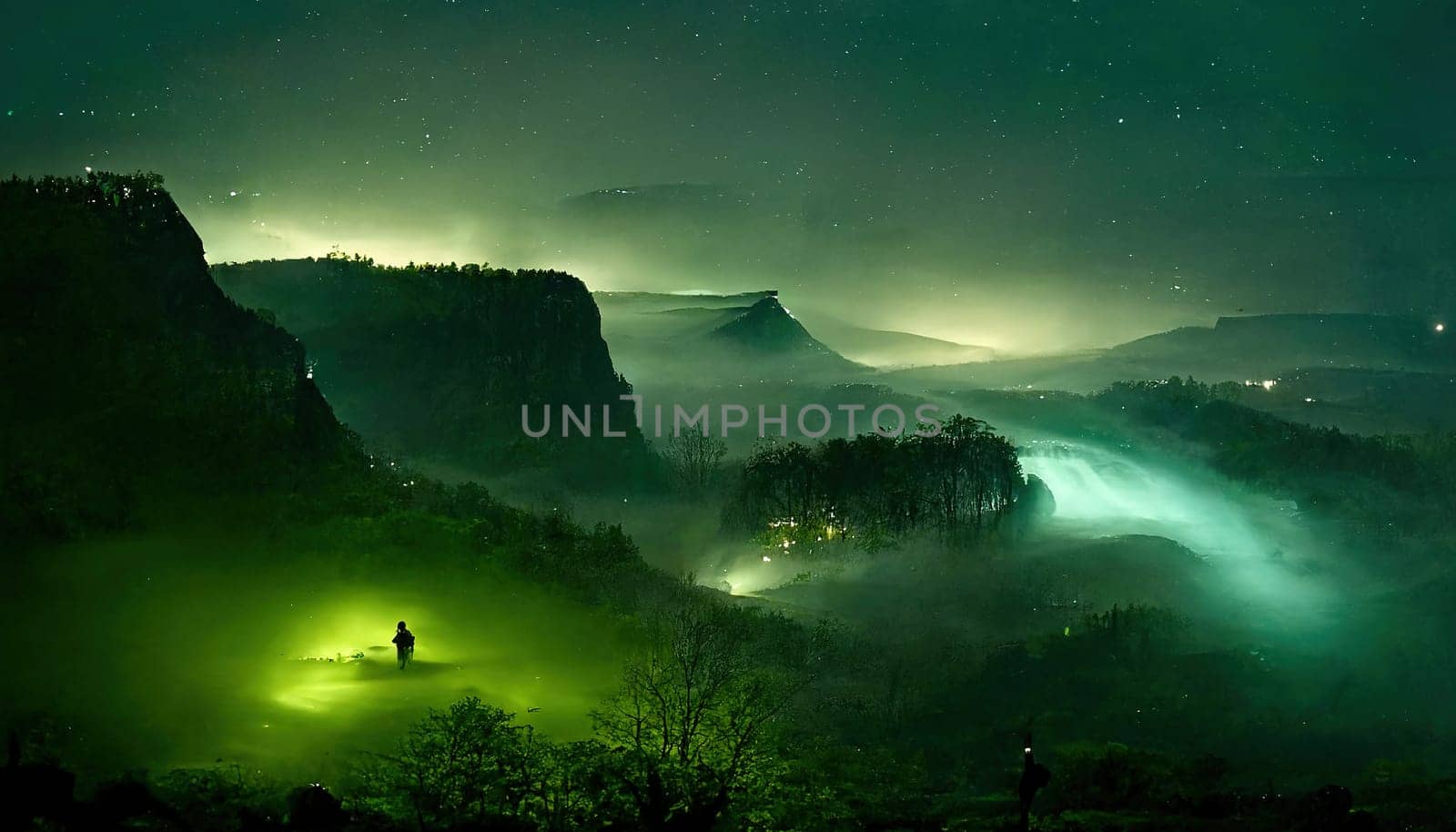 Immerse yourself in the breathtaking beauty of nature with this stunning painting depicting the majestic green mountains. The serene ambiance and vibrant hues transport you to a world of tranquility and awe-inspiring landscapes. The image is generated with the use of an AI.