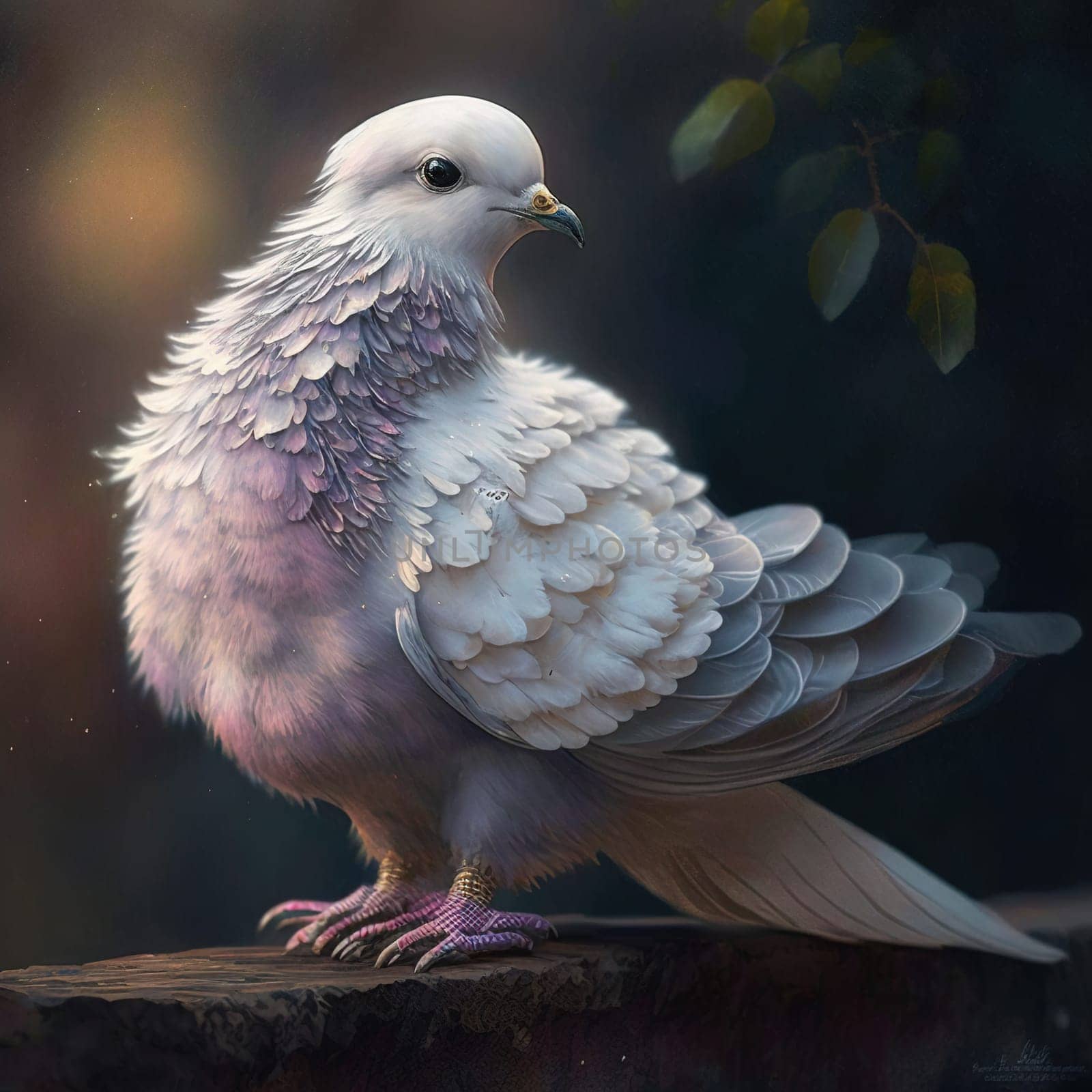 This painting showcases a stunning blue pigeon perched on a tree branch. Its vivid colors and intricate details make it a true work of art that captures the beauty of nature. The image is generated with the use of an AI.