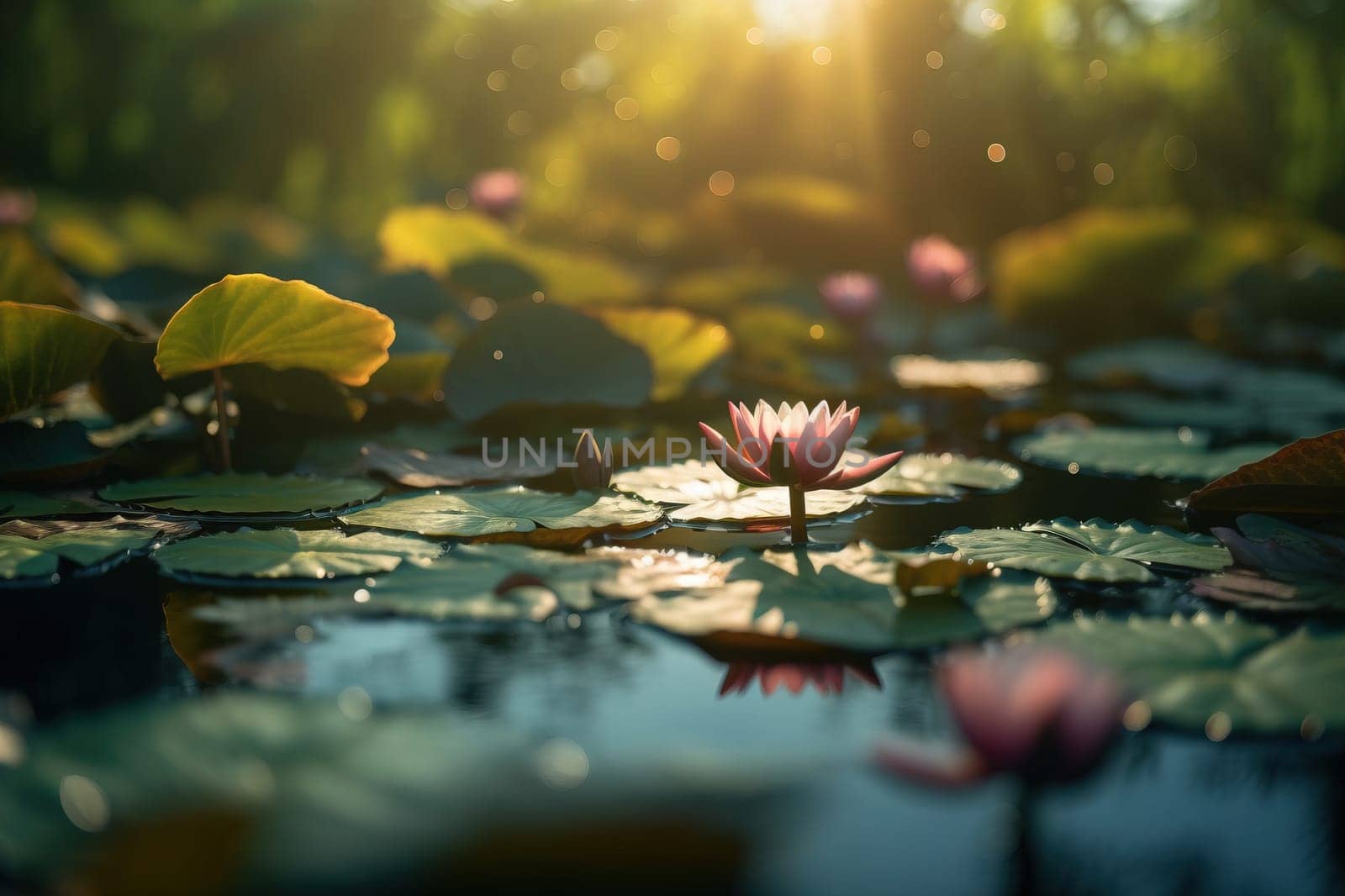 This painting depicts a magical moment where a firefly dances above the surface of a tranquil pond. The image captures the beauty and wonder of nature. The image is generated with the use of an AI.