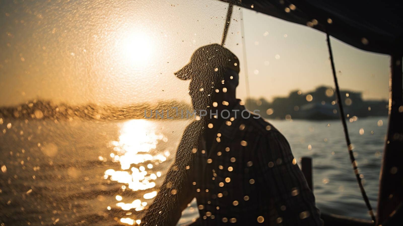 Photo shot of water spatter from fisherman while throwing fishing net from boat. Silhouette of asian fishermen with fishing net in morning sunshine along harbor, generative ai
