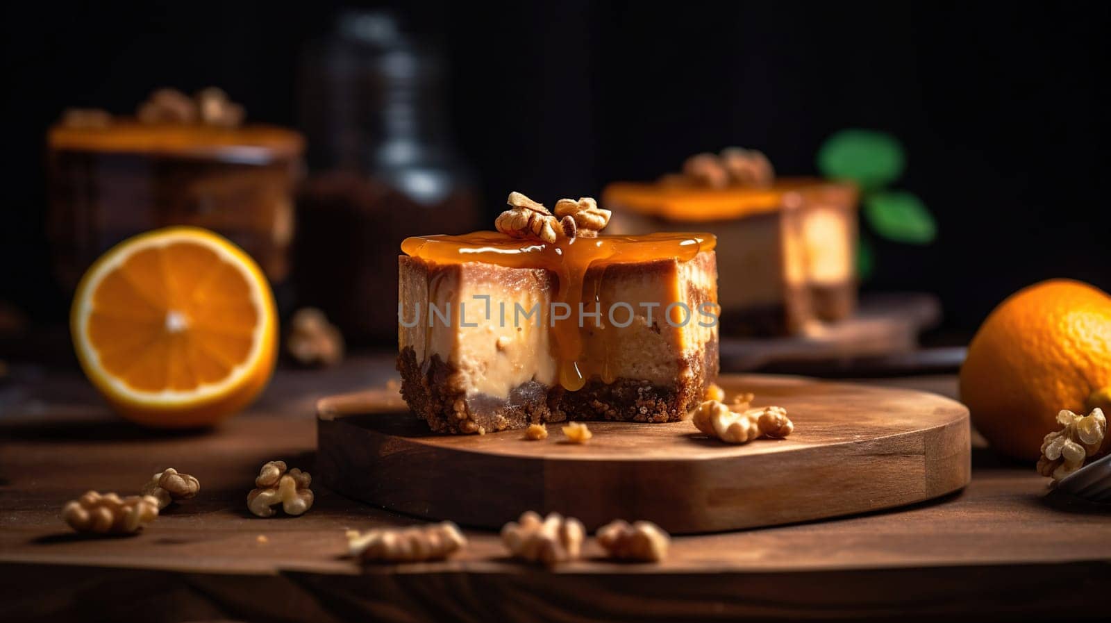 Delicious caramel cheesecake with walnuts and orange served on wooden table, generative ai