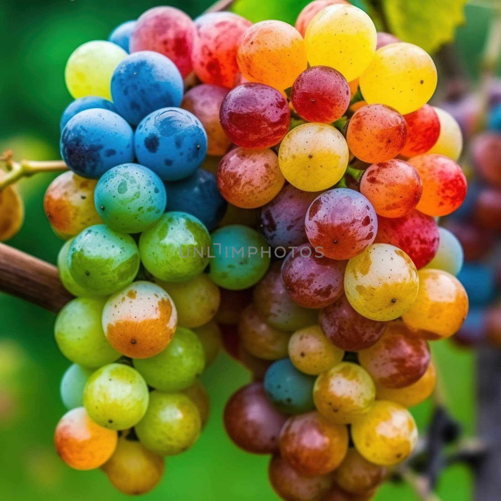 Immerse yourself in the bountiful beauty of nature with this mesmerizing artwork featuring an array of colorful grape clusters. Each grape bursts with vivid hues, creating a visual symphony of colors that celebrates the abundance of nature's harvest. Let this captivating piece bring a touch of natural splendor to your space. The image is generated with the use of an AI.