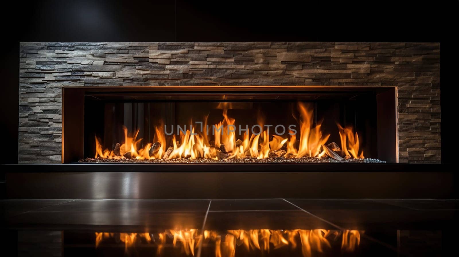Roaring flames in a modern fireplace with shiny slate framing. Generative ai