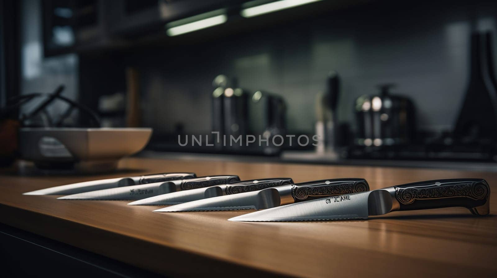 set of kitchen knives on a wooden table, generative ai