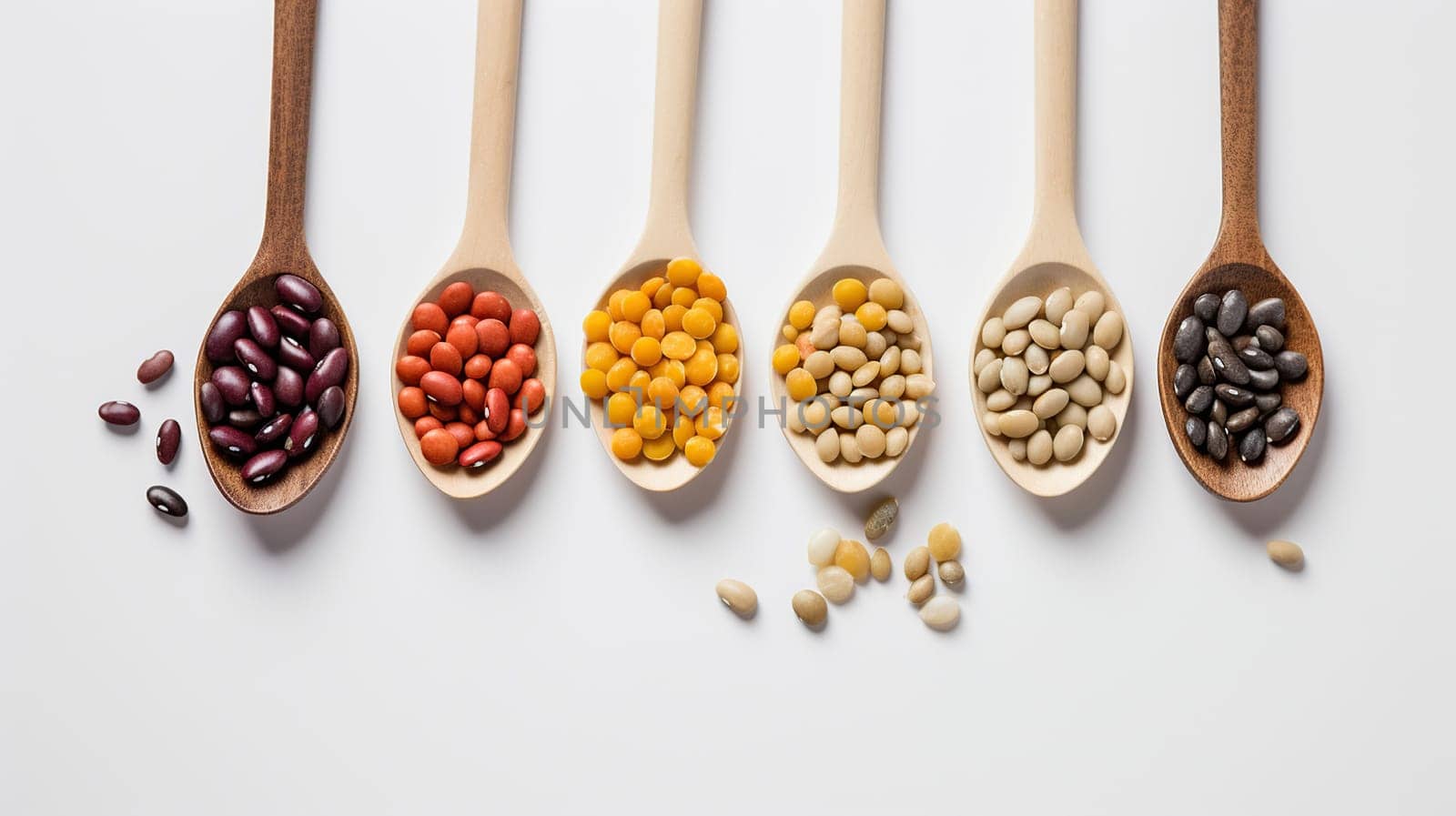 Spoons with different legumes on white background, generative ai