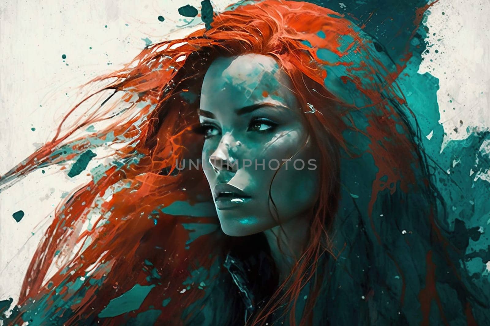 This stunning portrait captures the essence of a radiant redhead with long, flowing locks. The vibrant hues and intricate details make it a perfect addition to any wall. The image is generated with the use of an AI.