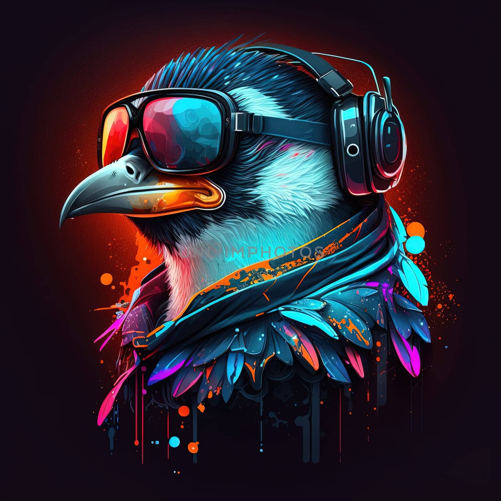 Immerse yourself in a cyberpunk-inspired world with this captivating artwork featuring a stylish bird donning futuristic spectacles. The combination of nature and technology creates a unique and thought-provoking visual experience. Let this striking piece of art transport you to a futuristic realm where birds embrace the essence of cybernetic aesthetics. The image is generated with the use of an AI.