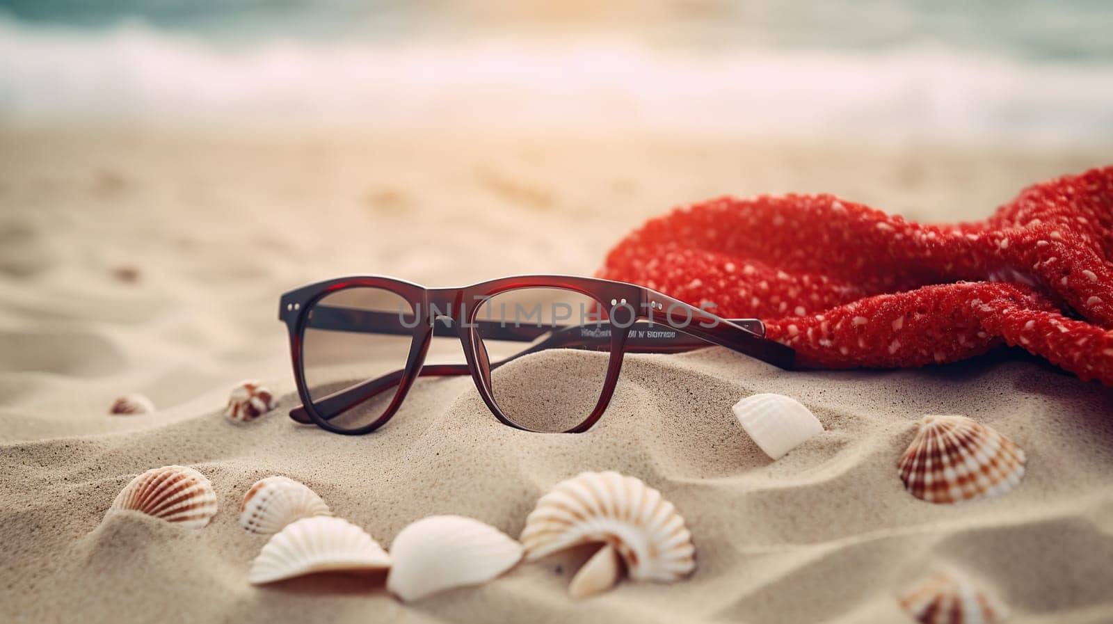 Sunglasses lying on tropical sand beach. party. white towel on desk and red glasses with seashells. Sunglasses on the beach. Generative ai