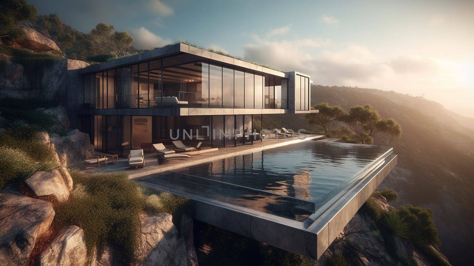 This stunning painting depicts a luxurious seaside villa perched atop a rocky cliff, with a crystal clear infinity pool that appears to blend seamlessly with the ocean beyond. The sun sets in the distance, casting a warm and inviting glow over the entire scene. The image is generated with the use of an AI