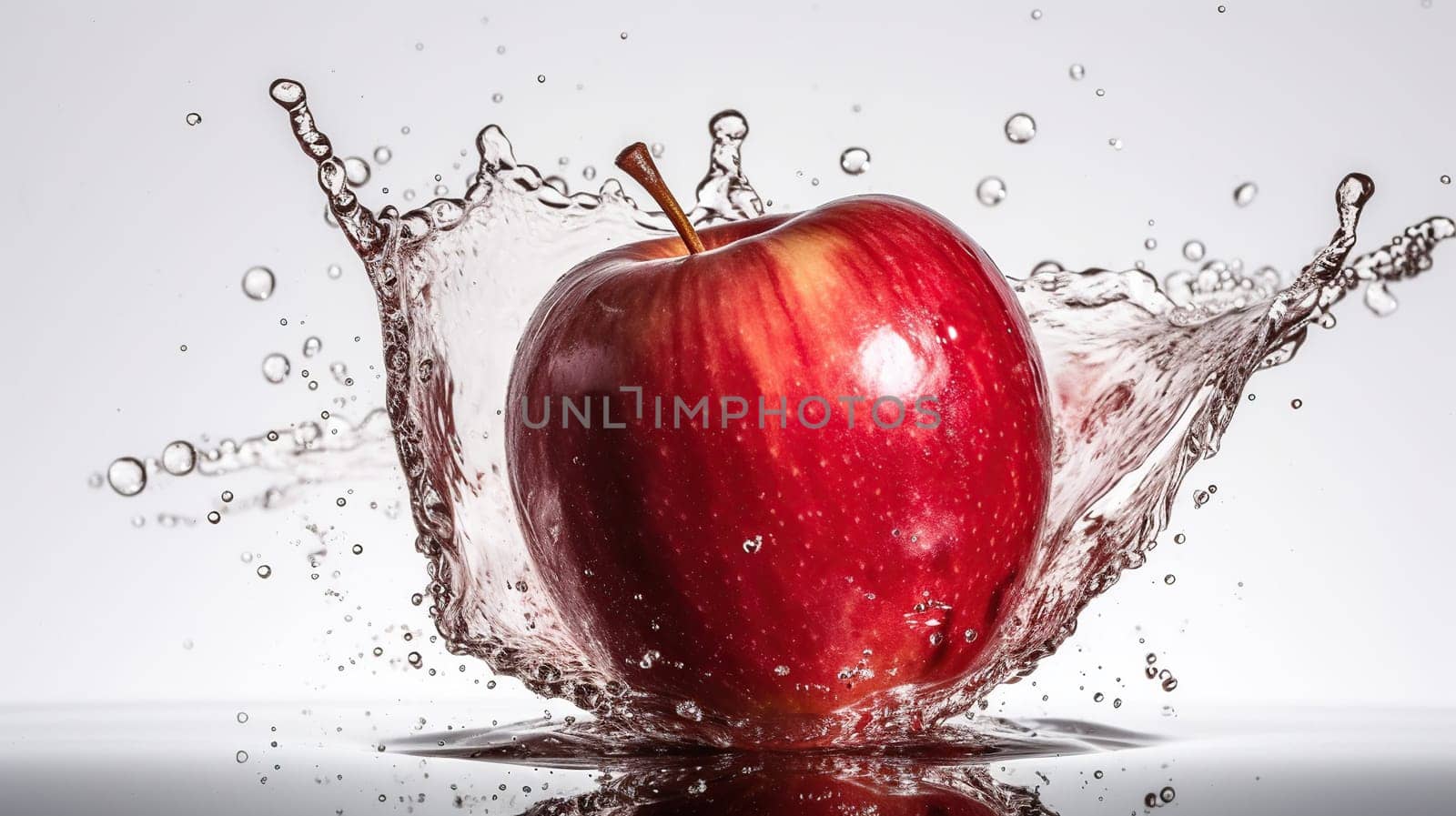 Fresh red apple and splash of water on white background, generative ai