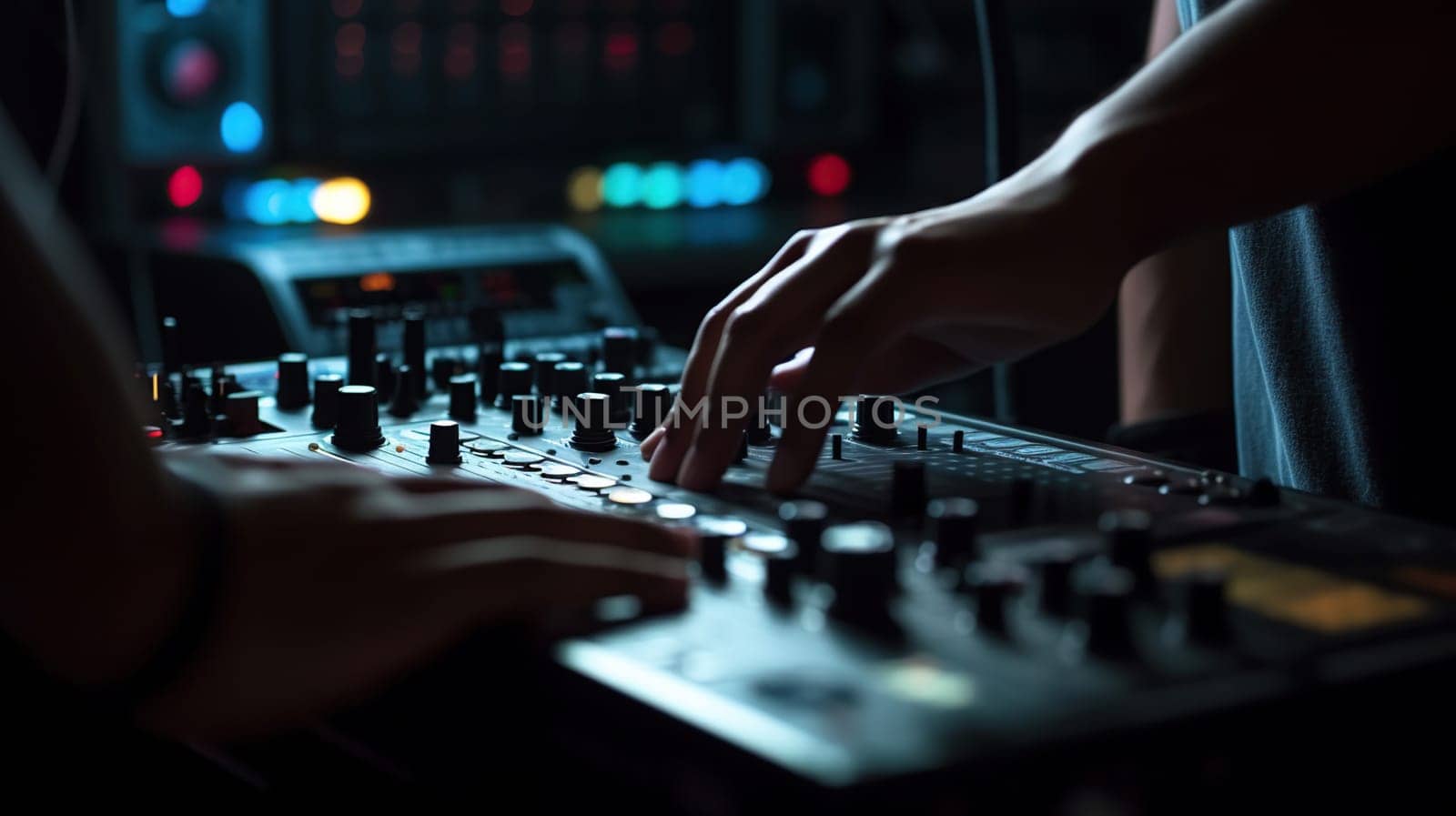DJ creating music on modern console mixer in night club, generative ai