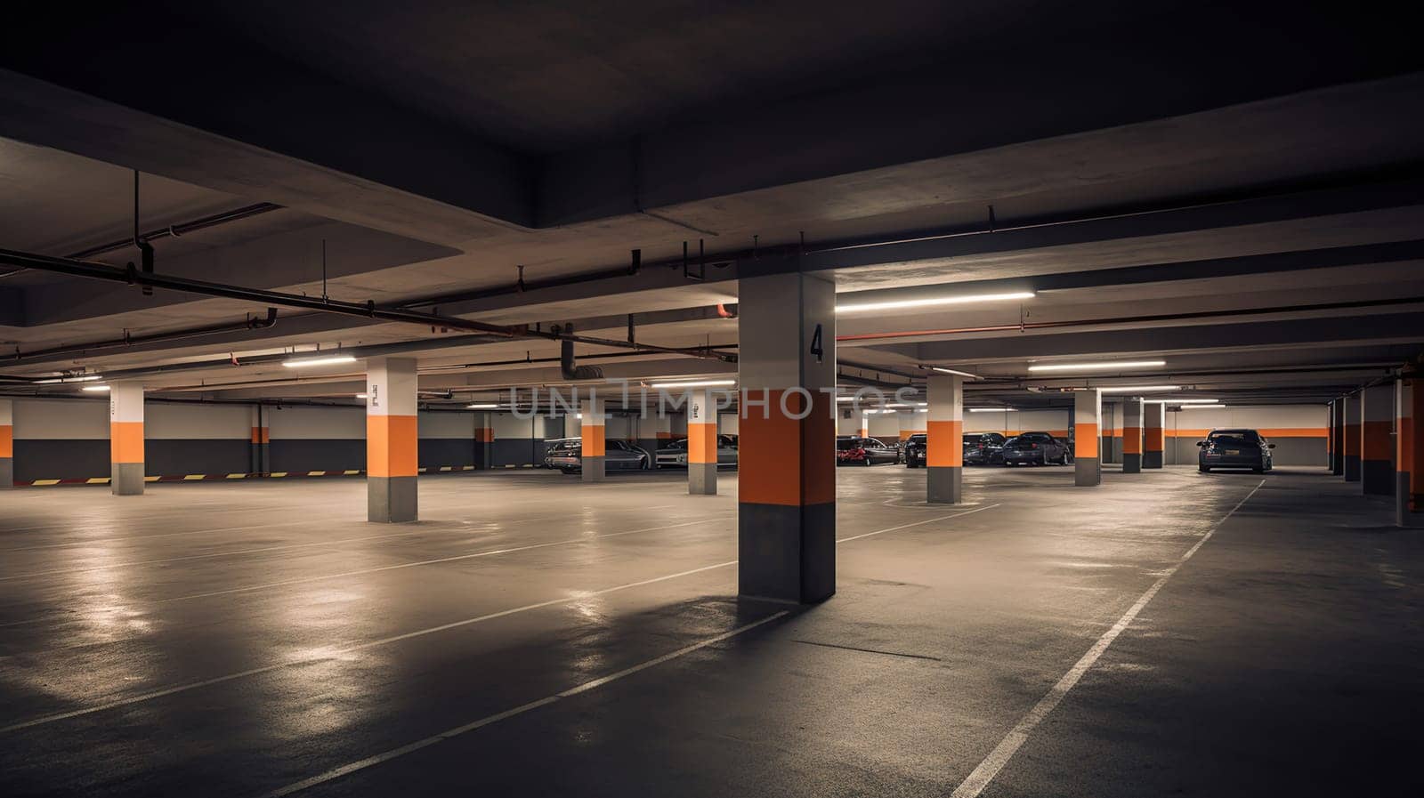 Empty car parking garage with lighting and columns, generative ai