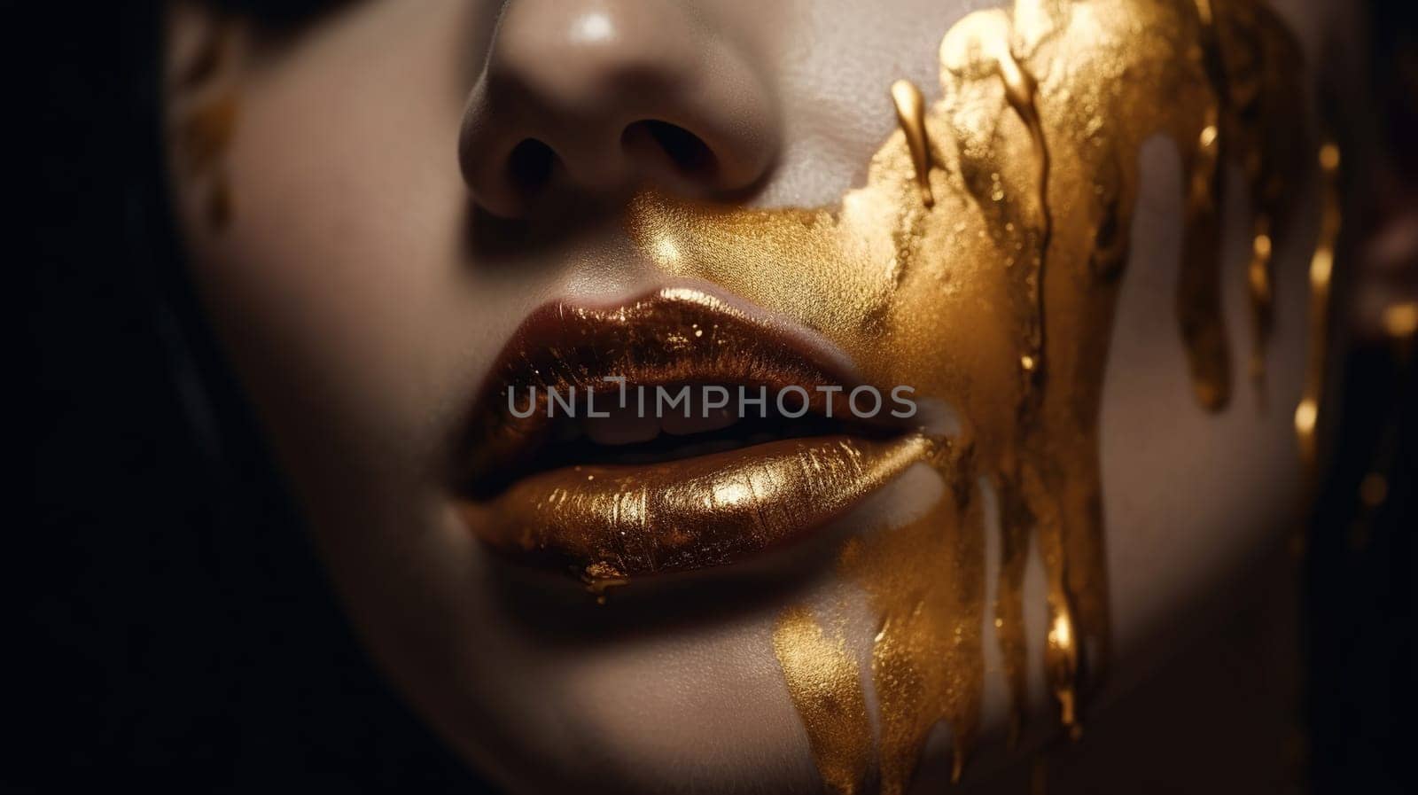 Gold Paint smudges drips from the face lips, golden liquid drops on beautiful model girl's mouth, gold metallic skin make-up. Beauty woman makeup close up, generative ai