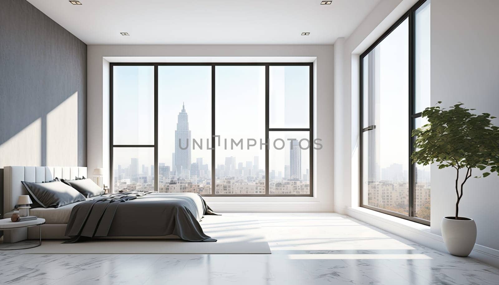 Modern minimal white bedroom in apartment with large window and city view. Generative AI