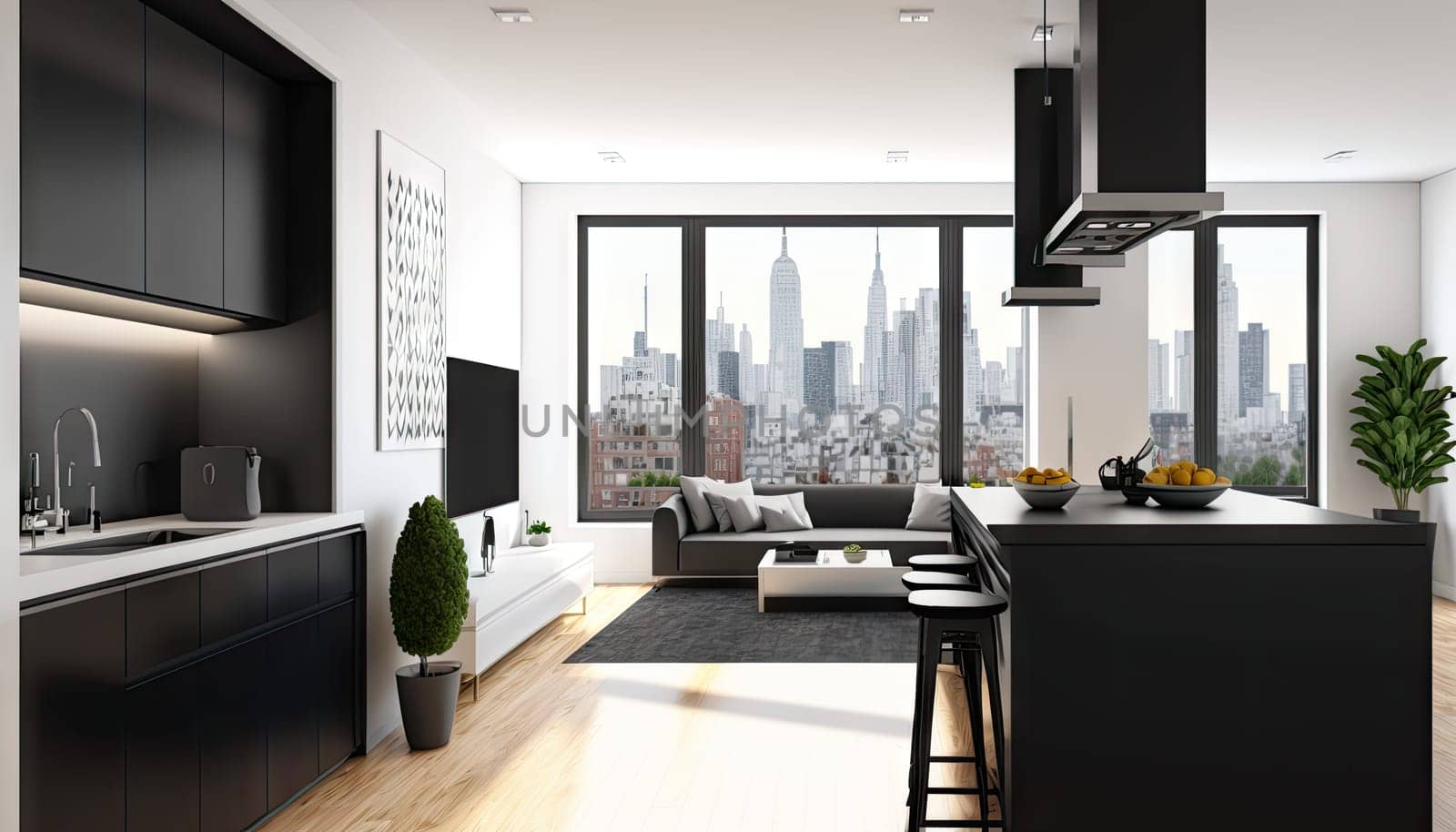 Nordic living room open plan with kitchen and high ceiling. Generative AI