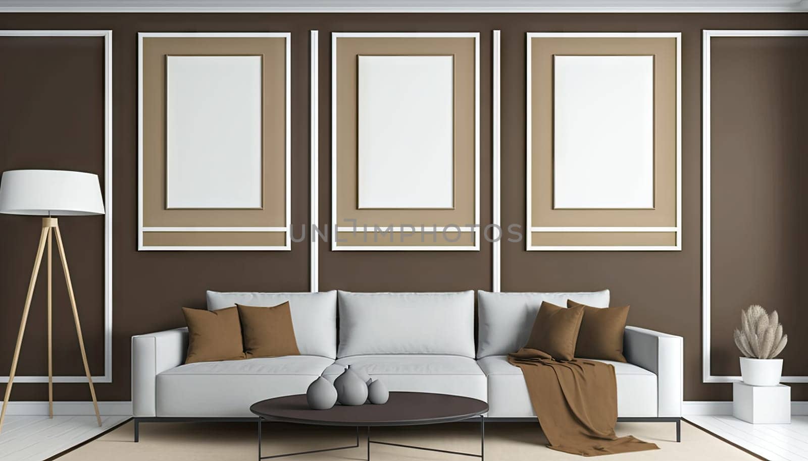 Brown modern living room with mock up frame,sofa and decoration. Generative AI