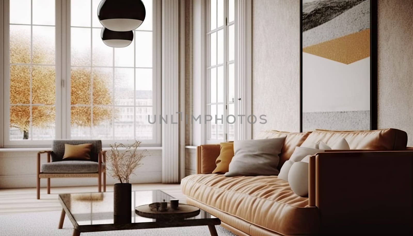Modern living room with brown sofa, coffee table and decoration with latge window. Generative AI