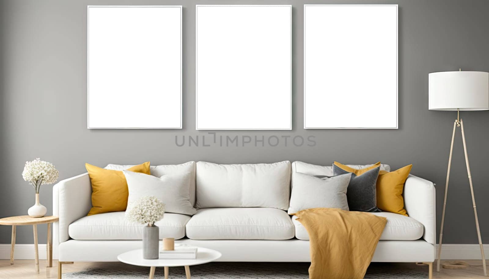 Grey modern living room with mock up frame,sofa and decoration. Generative AI