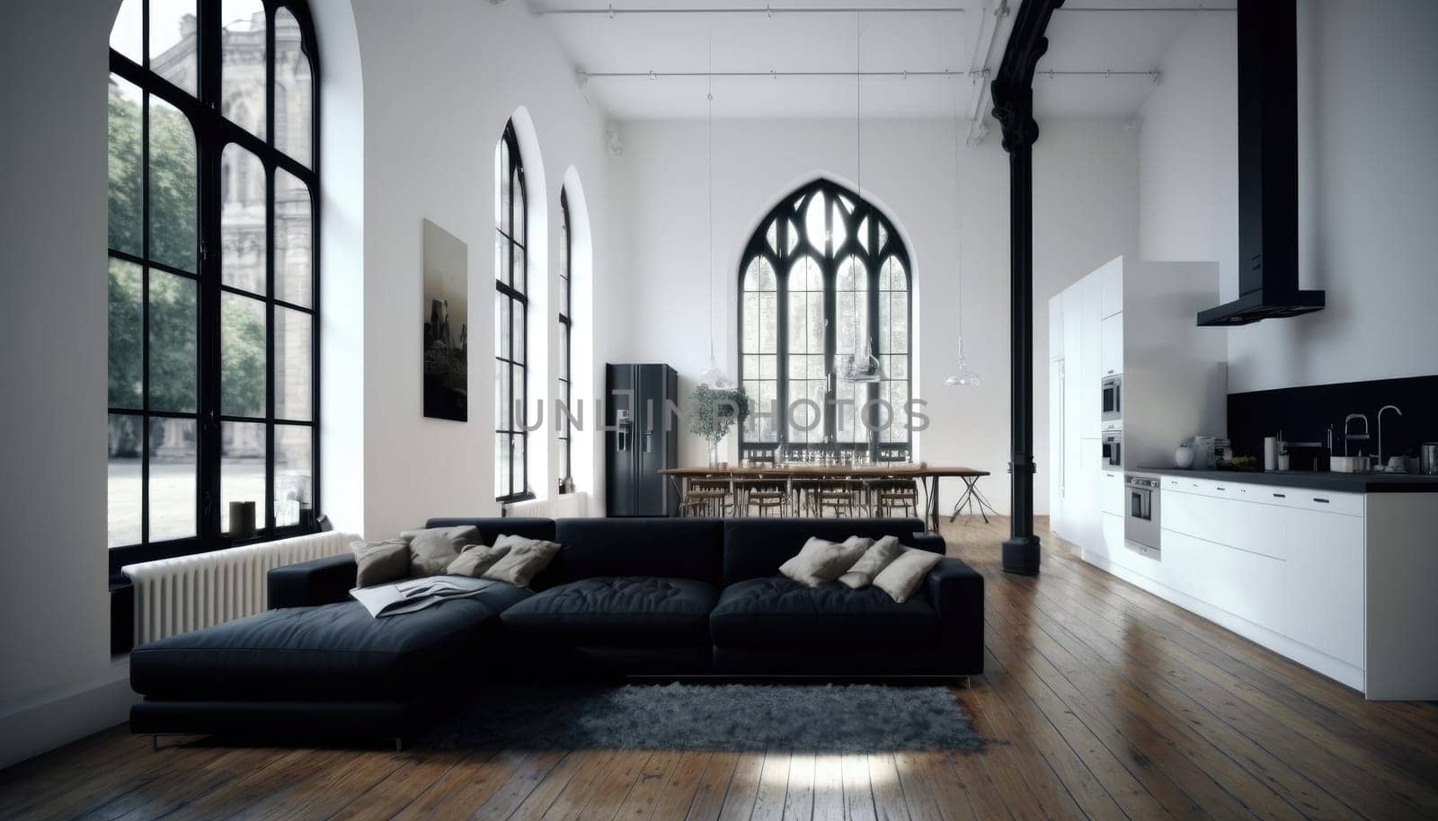 Nordic living room open plan with kitchen and high ceiling. Generative AI