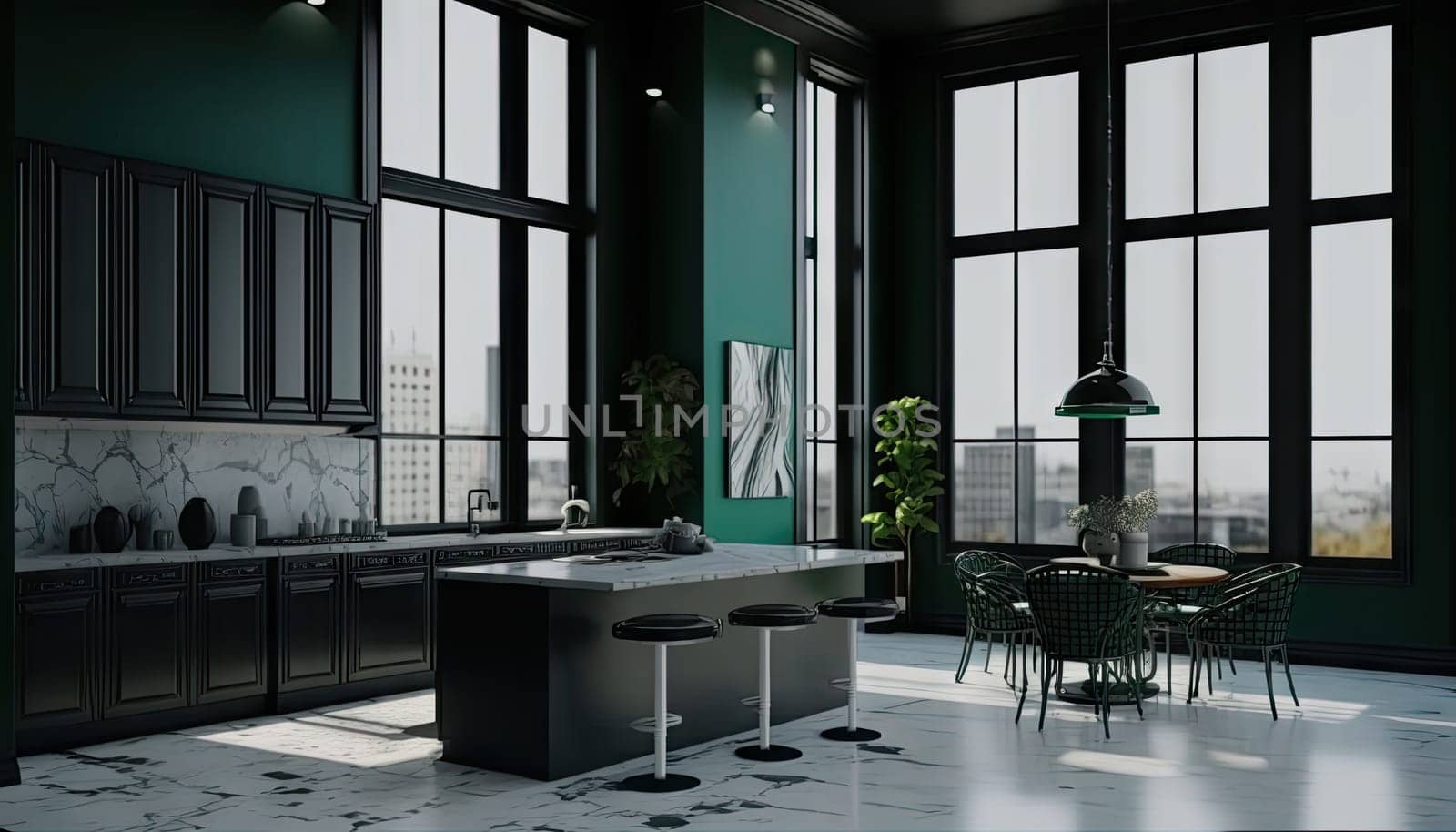 Modern stylish dark green apartment large window and high ceiling. Generative AI