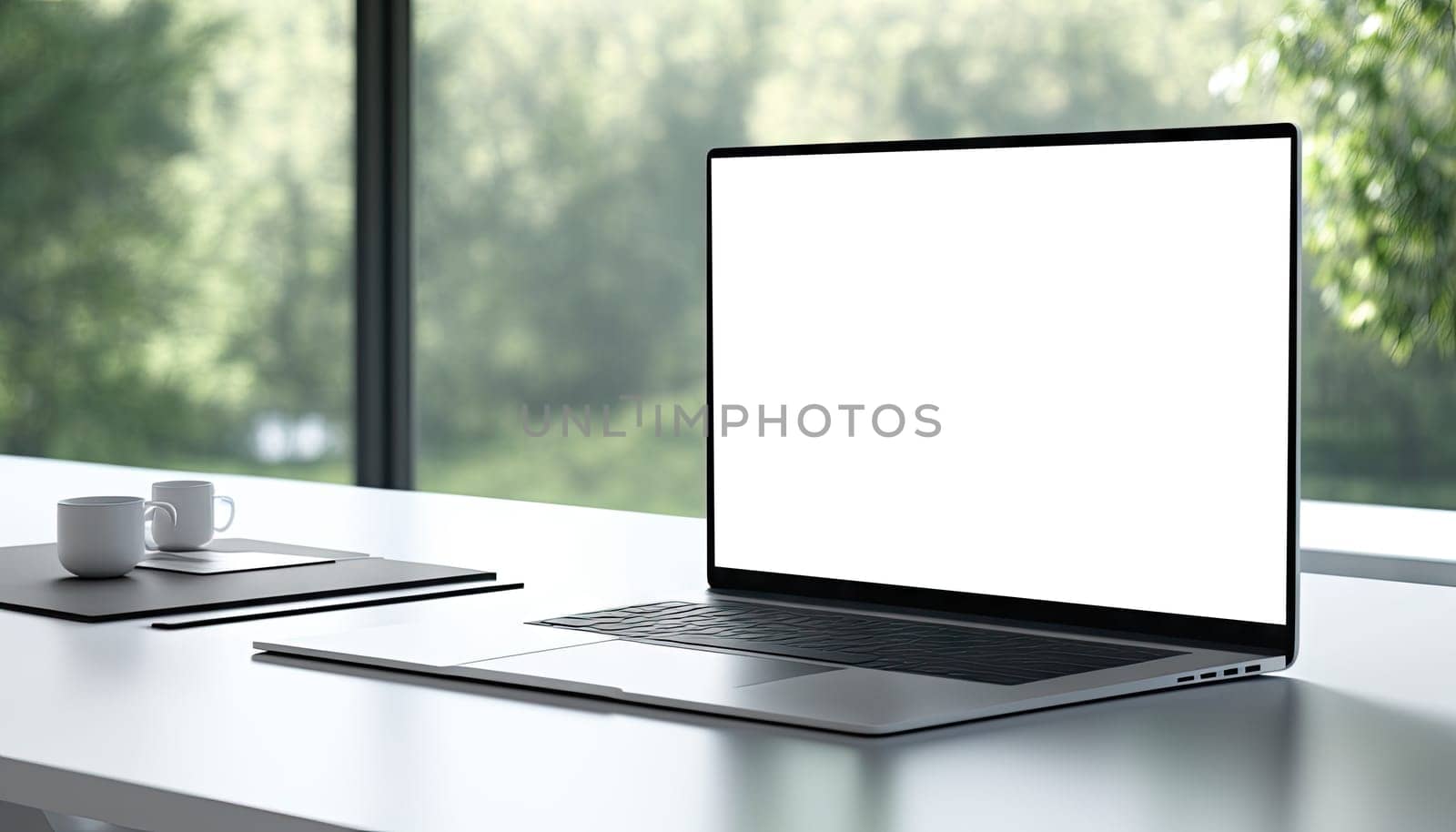 Mock up laptop computer on white table in white minimal room with green garden view background. Generative AI
