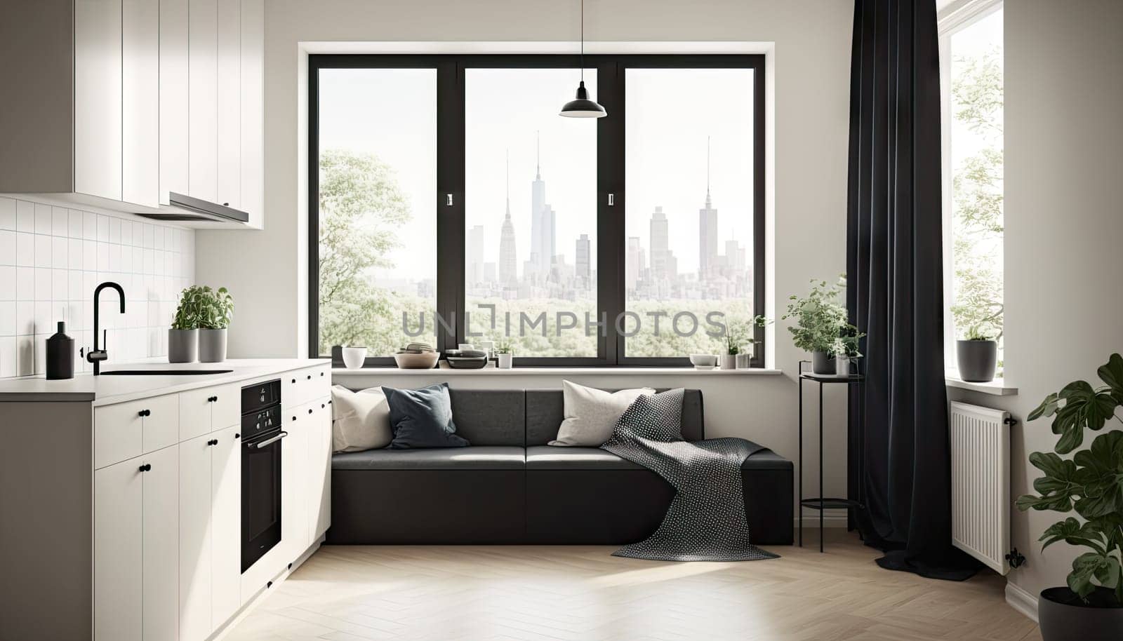 Trendy furnished apartment with high ceiling and wooden floor. Generative AI