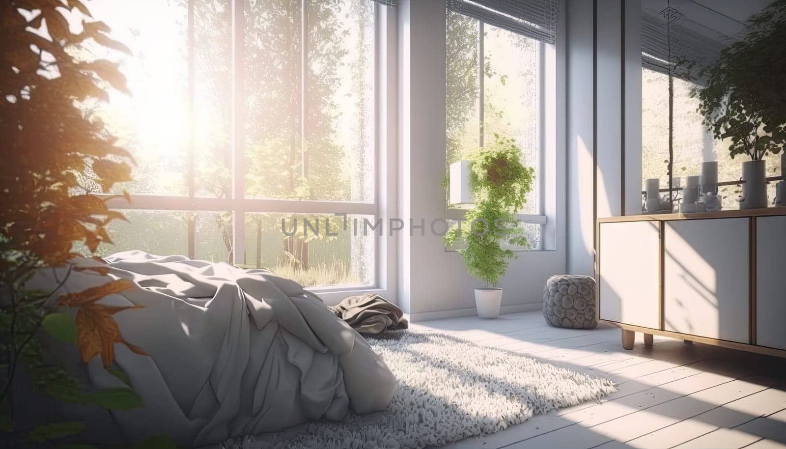 Minimal white bedroom with large window and forest view. Generative AI