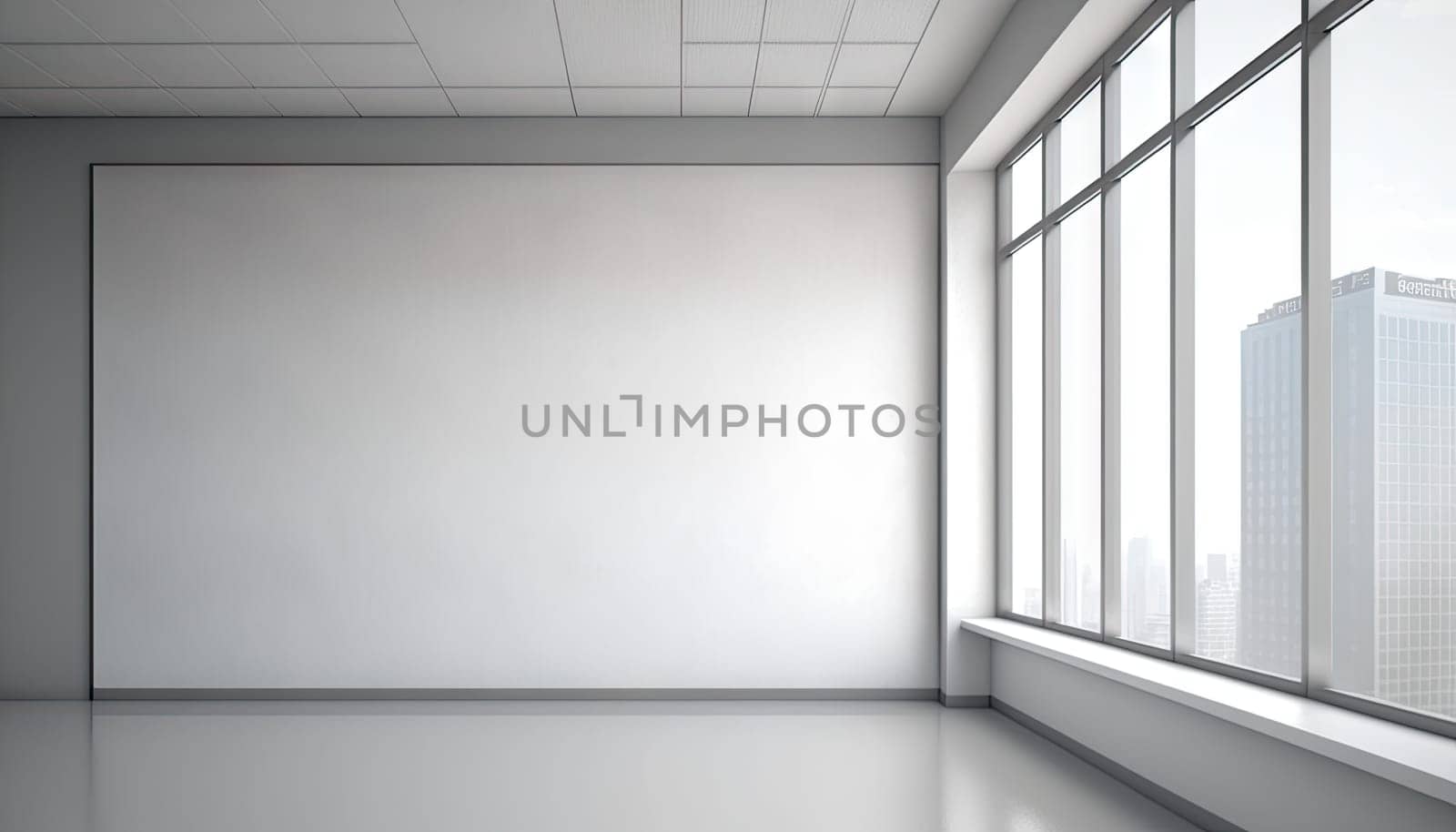 Bright empty white office interior with large window. Generative AI