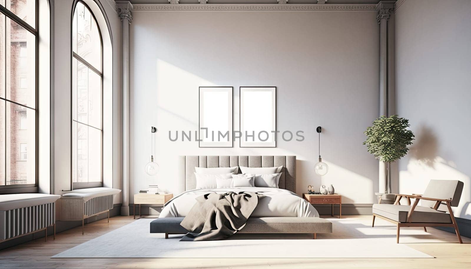 Modern minimal white bedroom in apartment with large window and city view. Generative AI