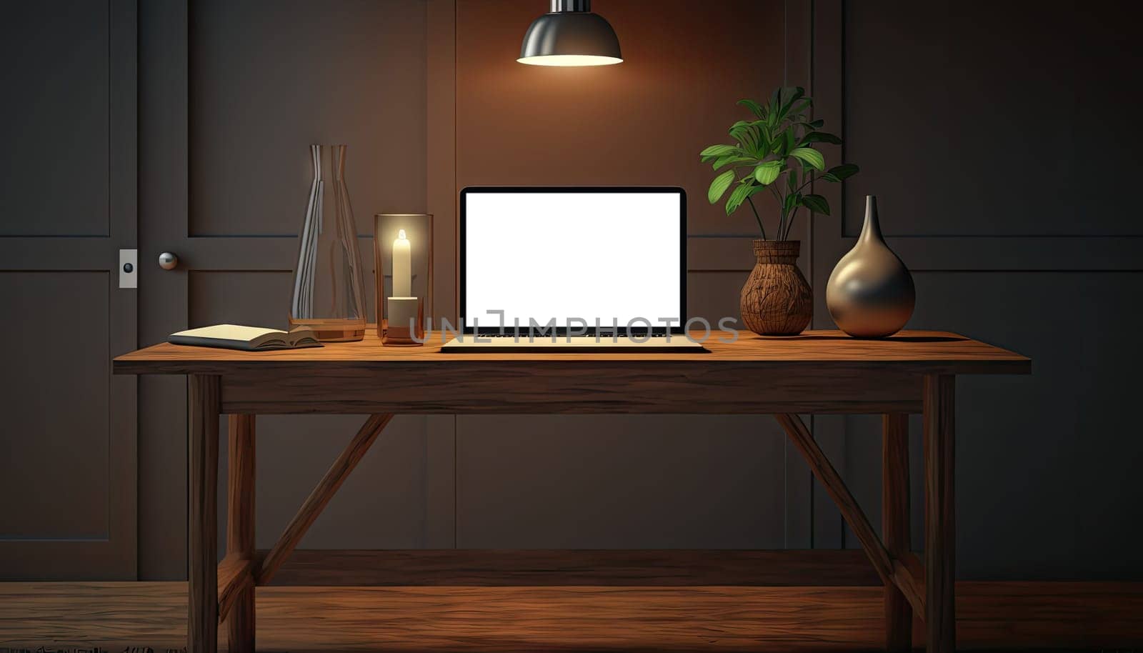 Mock up laptop computer on wooden study table in dark retro workspace at night. Generative AI