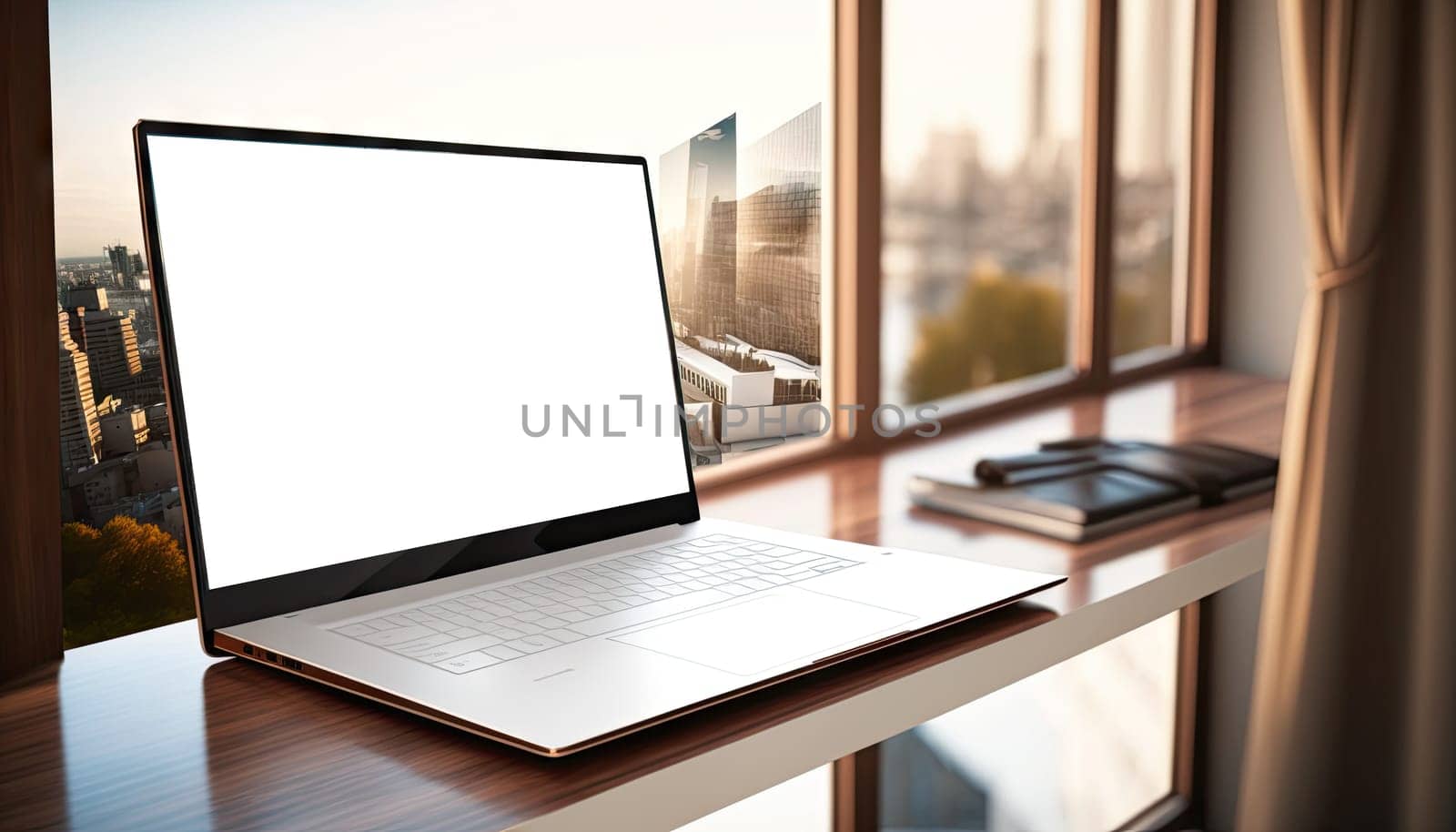 Mock up laptop computer on working table in modern room with city view in the background, Generative AI
