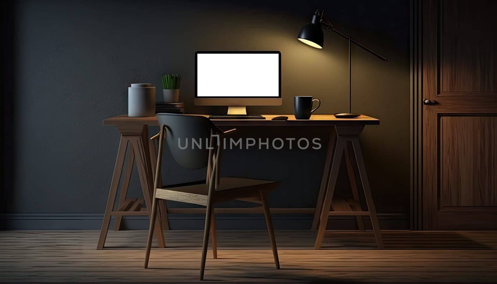 Dark modern workspace with mock up desktop computer on wooden table with lamp and stylish decoration. Generative AI