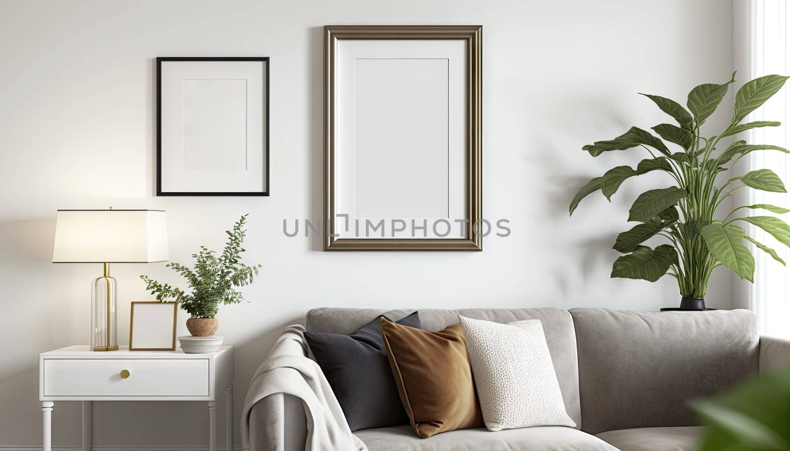 Scandinavian interior living room with mock up frame on the wall. Generative AI