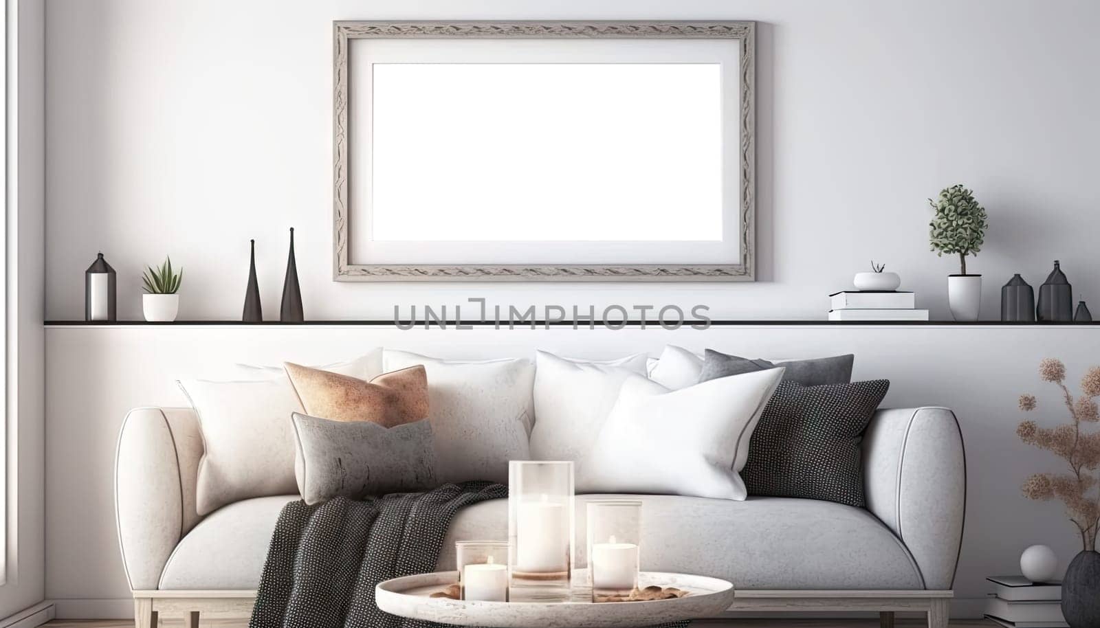 Scandinavian interior living room with mock up frame on the wall. Generative AI