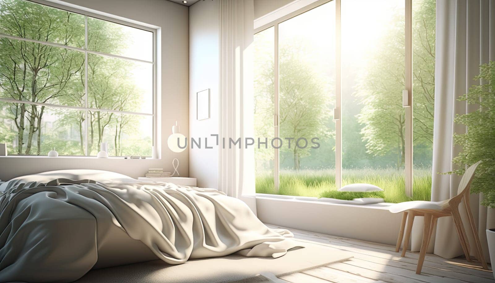 Minimal white bedroom with large window and forest view. Generative AI